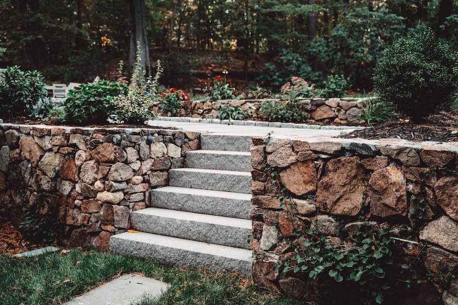Stone steps, stone wall, and stone pathway project in Weston, MA